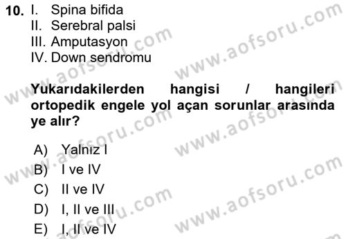 Temel Bakım ve Rehabilitasyon 1 Dersi 2023 - 2024 Yılı Yaz Okulu Sınav Soruları 10. Soru