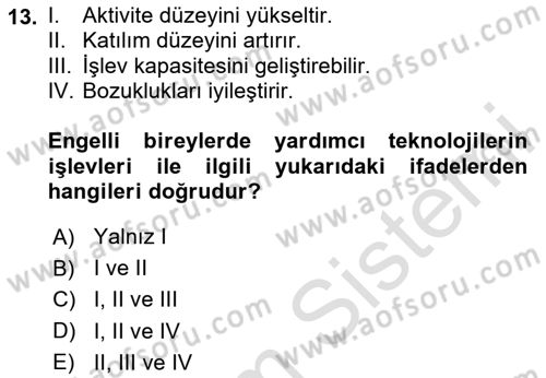 Temel Bakım ve Rehabilitasyon 1 Dersi 2023 - 2024 Yılı Yaz Okulu Sınav Soruları 13. Soru