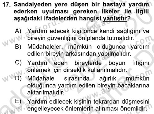 Temel Bakım ve Rehabilitasyon 1 Dersi 2024 - 2025 Yılı (Vize) Ara Sınav Soruları 17. Soru