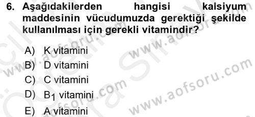 Temel Beslenme İlkeleri Dersi 2017 - 2018 Yılı (Vize) Ara Sınav Soruları 6. Soru