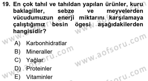 Temel Beslenme İlkeleri Dersi 2018 - 2019 Yılı Yaz Okulu Sınav Soruları 19. Soru