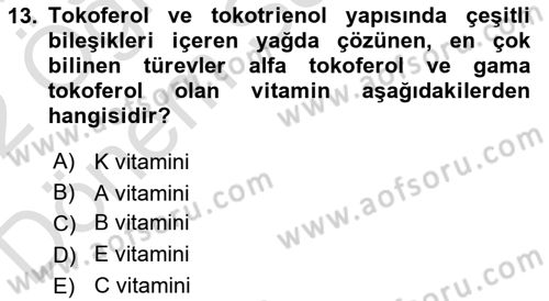 Temel Beslenme İlkeleri Dersi 2021 - 2022 Yılı (Final) Dönem Sonu Sınav Soruları 13. Soru