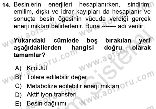 Temel Beslenme İlkeleri Dersi 2021 - 2022 Yılı Yaz Okulu Sınav Soruları 14. Soru