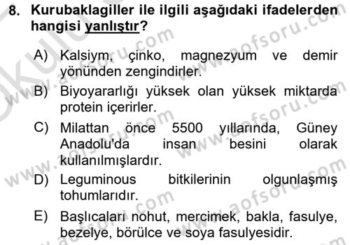 Temel Beslenme İlkeleri Dersi 2021 - 2022 Yılı Yaz Okulu Sınav Soruları 8. Soru