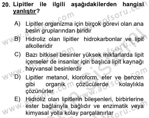 Temel Beslenme İlkeleri Dersi 2022 - 2023 Yılı Yaz Okulu Sınav Soruları 20. Soru