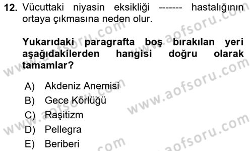 Temel Beslenme İlkeleri Dersi 2023 - 2024 Yılı (Vize) Ara Sınav Soruları 12. Soru