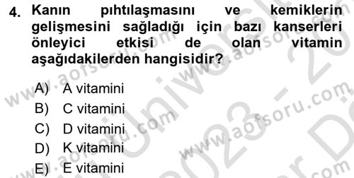 Temel Beslenme İlkeleri Dersi 2023 - 2024 Yılı (Vize) Ara Sınav Soruları 4. Soru
