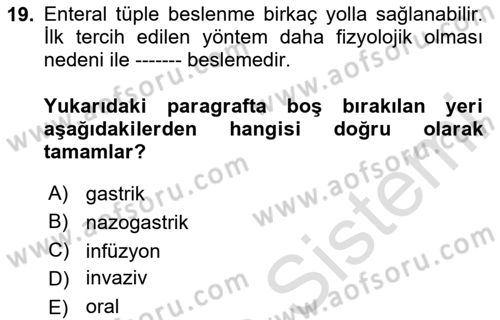 Temel Beslenme İlkeleri Dersi 2023 - 2024 Yılı (Final) Dönem Sonu Sınav Soruları 19. Soru