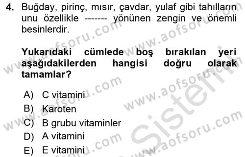 Temel Beslenme İlkeleri Dersi 2023 - 2024 Yılı (Final) Dönem Sonu Sınav Soruları 4. Soru