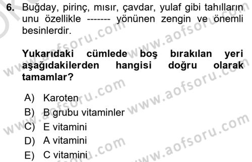 Temel Beslenme İlkeleri Dersi 2023 - 2024 Yılı Yaz Okulu Sınav Soruları 6. Soru