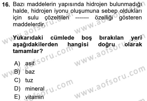 Temel Beslenme İlkeleri Dersi 2024 - 2025 Yılı (Vize) Ara Sınav Soruları 16. Soru