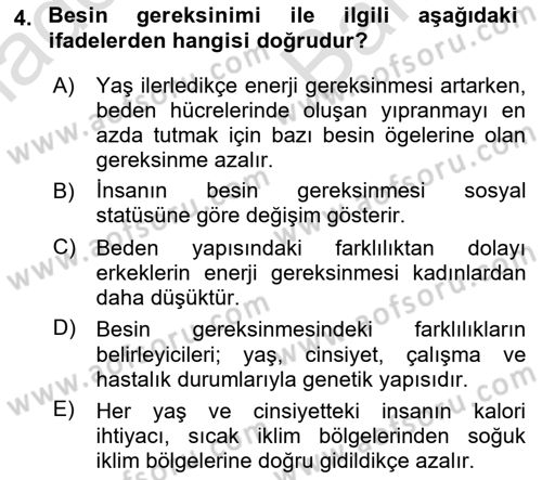 Temel Beslenme İlkeleri Dersi 2024 - 2025 Yılı (Vize) Ara Sınav Soruları 4. Soru