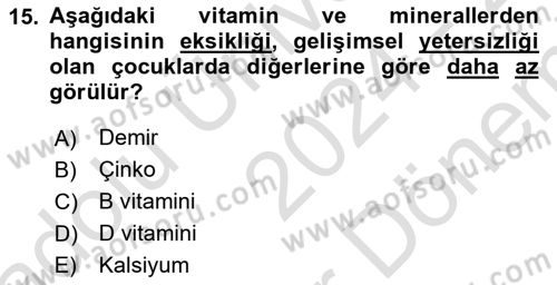 Temel Beslenme İlkeleri Dersi 2024 - 2025 Yılı (Final) Dönem Sonu Sınav Soruları 15. Soru
