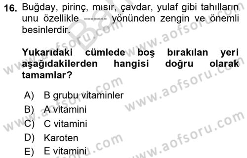 Temel Beslenme İlkeleri Dersi 2024 - 2025 Yılı (Final) Dönem Sonu Sınav Soruları 16. Soru