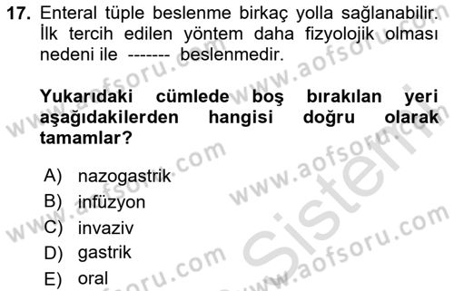 Temel Beslenme İlkeleri Dersi 2024 - 2025 Yılı (Final) Dönem Sonu Sınav Soruları 17. Soru