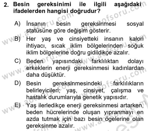 Temel Beslenme İlkeleri Dersi 2024 - 2025 Yılı Yaz Okulu Sınav Soruları 2. Soru