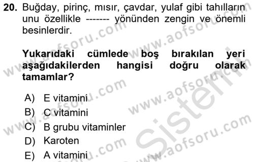 Temel Beslenme İlkeleri Dersi 2024 - 2025 Yılı Yaz Okulu Sınav Soruları 20. Soru
