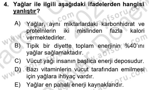 Temel Beslenme İlkeleri Dersi 2025 - 2026 Yılı (Final) Dönem Sonu Sınav Soruları 4. Soru