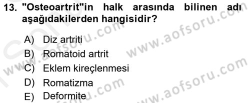 Temel Bakım ve Rehabilitasyon 2 Dersi Ara Sınavı Deneme Sınav Soruları 13. Soru