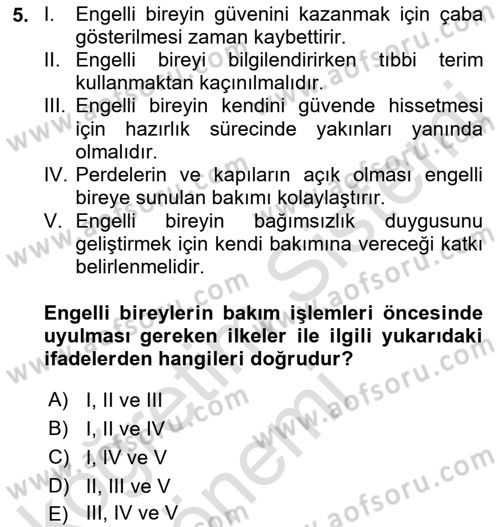 Temel Bakım ve Rehabilitasyon 2 Dersi Ara Sınavı Deneme Sınav Soruları 5. Soru