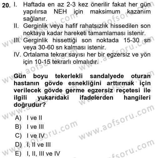 Temel Bakım ve Rehabilitasyon 2 Dersi Ara Sınavı Deneme Sınav Soruları 20. Soru