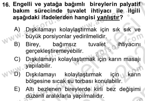 Temel Bakım ve Rehabilitasyon 2 Dersi 2021 - 2022 Yılı (Final) Dönem Sonu Sınav Soruları 16. Soru