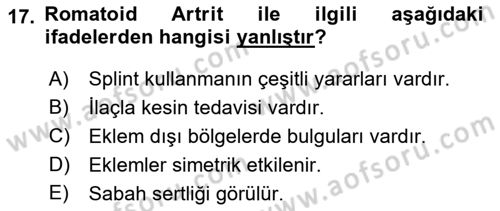 Temel Bakım ve Rehabilitasyon 2 Dersi 2022 - 2023 Yılı Yaz Okulu Sınav Soruları 17. Soru