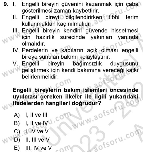 Temel Bakım ve Rehabilitasyon 2 Dersi Ara Sınavı Deneme Sınav Soruları 9. Soru