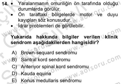 Temel Bakım ve Rehabilitasyon 2 Dersi 2023 - 2024 Yılı (Final) Dönem Sonu Sınav Soruları 14. Soru
