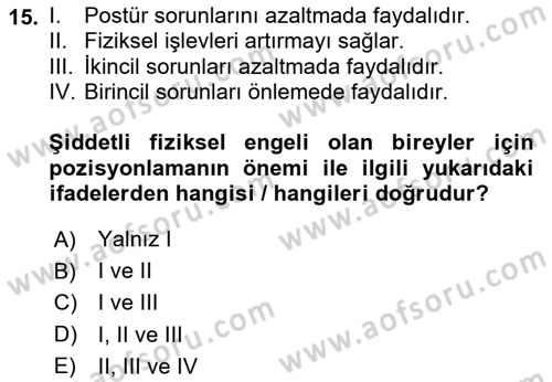 Temel Bakım ve Rehabilitasyon 2 Dersi 2023 - 2024 Yılı Yaz Okulu Sınav Soruları 15. Soru