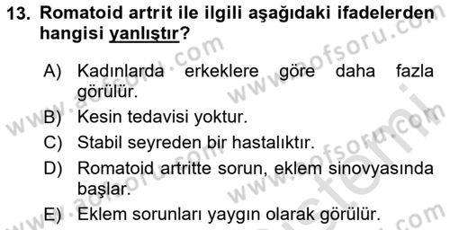 Temel Bakım ve Rehabilitasyon 2 Dersi 2024 - 2025 Yılı (Final) Dönem Sonu Sınav Soruları 13. Soru