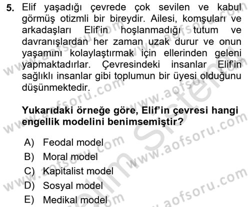 Engelli Mevzuatı ve Meslek Etiği Dersi 2018 - 2019 Yılı 3 Ders Sınav Soruları 5. Soru