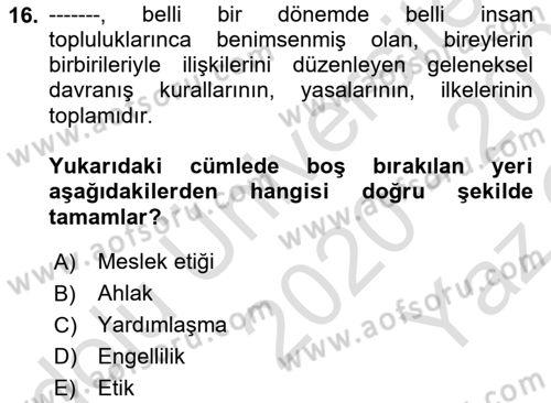 Engelli Mevzuatı ve Meslek Etiği Dersi 2020 - 2021 Yılı Yaz Okulu Sınav Soruları 16. Soru