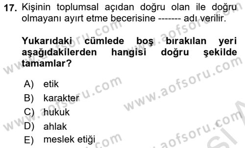 Engelli Mevzuatı ve Meslek Etiği Dersi 2021 - 2022 Yılı Yaz Okulu Sınav Soruları 17. Soru