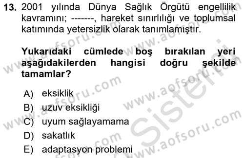 Engelli Mevzuatı ve Meslek Etiği Dersi 2022 - 2023 Yılı Yaz Okulu Sınav Soruları 13. Soru