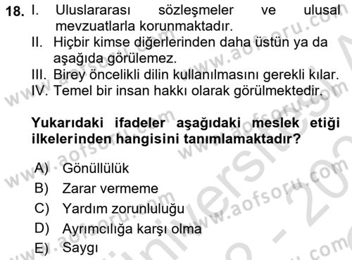 Engelli Mevzuatı ve Meslek Etiği Dersi 2022 - 2023 Yılı Yaz Okulu Sınav Soruları 18. Soru