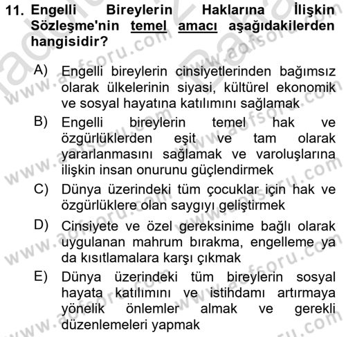 Engelli Mevzuatı ve Meslek Etiği Dersi 2024 - 2025 Yılı (Vize) Ara Sınav Soruları 11. Soru