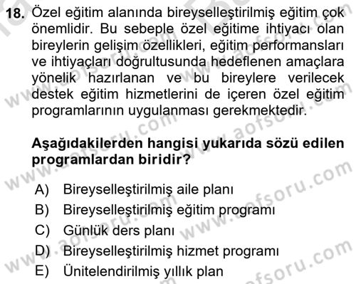 Engelli Mevzuatı ve Meslek Etiği Dersi 2024 - 2025 Yılı (Vize) Ara Sınav Soruları 18. Soru