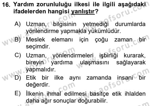 Engelli Mevzuatı ve Meslek Etiği Dersi 2025 - 2026 Yılı (Final) Dönem Sonu Sınav Soruları 16. Soru