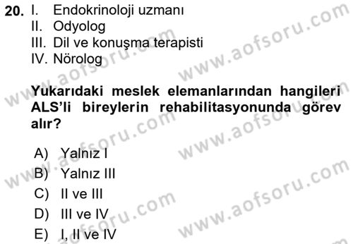 Yaşlılıkta Nörolojik Temelli Durumların Bakım ve Rehabilitasyonu Dersi 2018 - 2019 Yılı 3 Ders Sınav Soruları 20. Soru