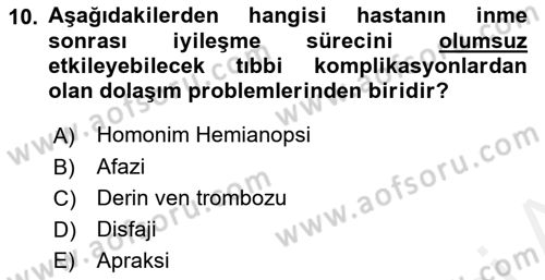 Yaşlılıkta Nörolojik Temelli Durumların Bakım ve Rehabilitasyonu Dersi 2018 - 2019 Yılı (Vize) Ara Sınav Soruları 10. Soru