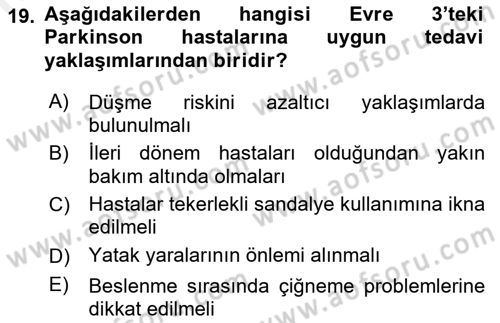 Yaşlılıkta Nörolojik Temelli Durumların Bakım ve Rehabilitasyonu Dersi 2018 - 2019 Yılı (Vize) Ara Sınavı 19. Soru