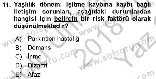 Yaşlılıkta Nörolojik Temelli Durumların Bakım ve Rehabilitasyonu Dersi 2018 - 2019 Yılı Yaz Okulu Sınav Soruları 11. Soru