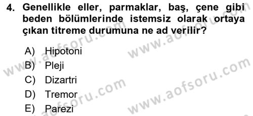 Yaşlılıkta Nörolojik Temelli Durumların Bakım ve Rehabilitasyonu Dersi 2019 - 2020 Yılı (Vize) Ara Sınav Soruları 4. Soru