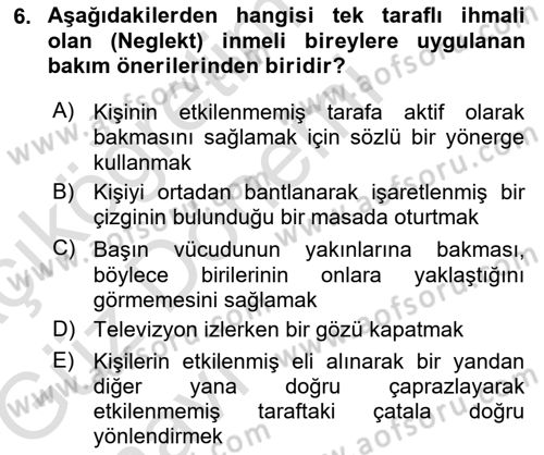 Yaşlılıkta Nörolojik Temelli Durumların Bakım ve Rehabilitasyonu Dersi 2019 - 2020 Yılı (Vize) Ara Sınavı 6. Soru