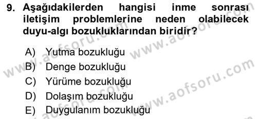 Yaşlılıkta Nörolojik Temelli Durumların Bakım ve Rehabilitasyonu Dersi 2019 - 2020 Yılı (Vize) Ara Sınavı 9. Soru