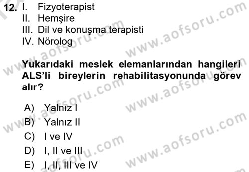 Yaşlılıkta Nörolojik Temelli Durumların Bakım ve Rehabilitasyonu Dersi 2019 - 2020 Yılı (Final) Dönem Sonu Sınav Soruları 12. Soru