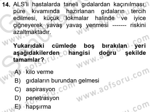 Yaşlılıkta Nörolojik Temelli Durumların Bakım ve Rehabilitasyonu Dersi 2019 - 2020 Yılı (Final) Dönem Sonu Sınavı 14. Soru