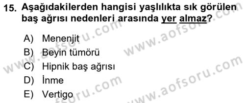 Yaşlılıkta Nörolojik Temelli Durumların Bakım ve Rehabilitasyonu Dersi 2019 - 2020 Yılı (Final) Dönem Sonu Sınavı 15. Soru