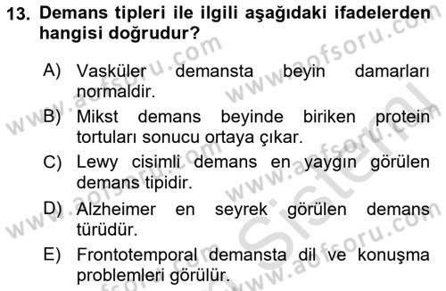 Yaşlılıkta Nörolojik Temelli Durumların Bakım ve Rehabilitasyonu Dersi 2021 - 2022 Yılı (Vize) Ara Sınav Soruları 13. Soru